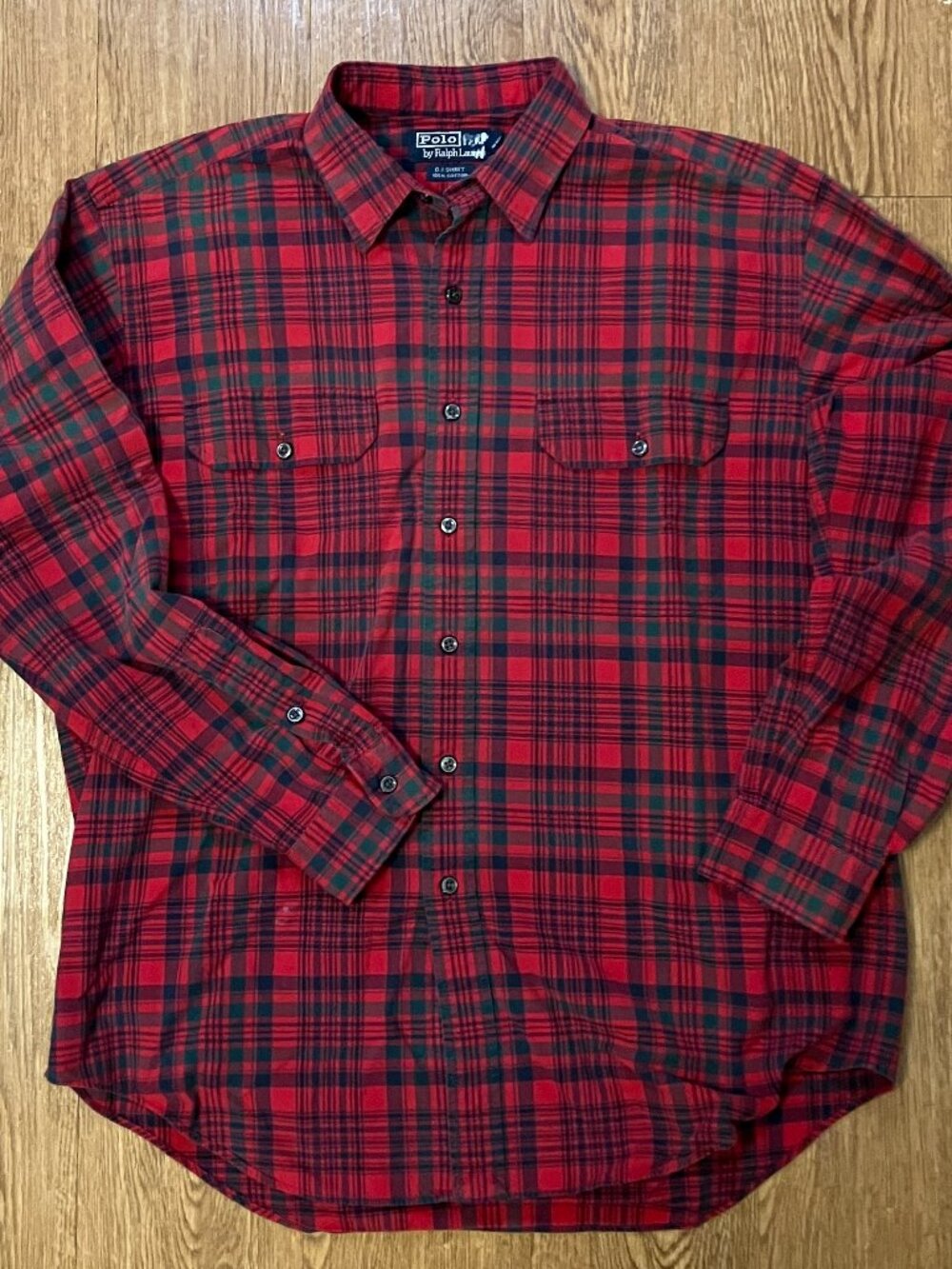 Vtg Polo Ralph Lauren GI Shirt Mens L Red Black Plaid Utility Twill 90s Workwear